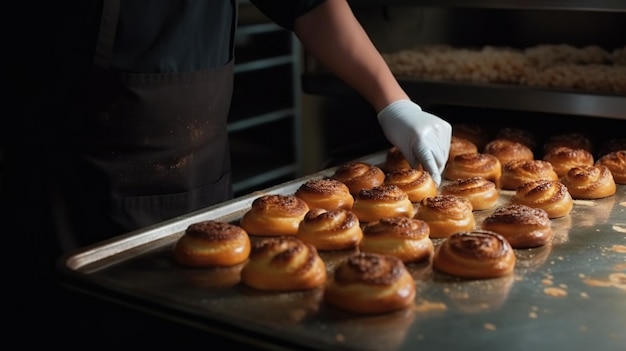 AI generativa Manos de panadero en restaurante o cocina casera prepara pasteles ecológicamente naturales