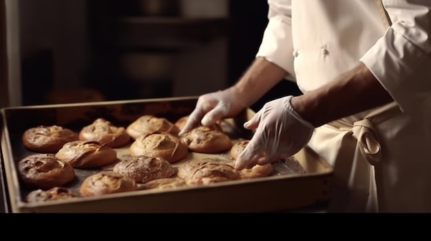 AI generativa Manos de panadero en restaurante o cocina casera prepara pasteles ecológicamente naturales