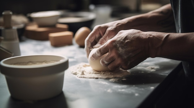 AI generativa Manos de panadero en restaurante o cocina casera prepara pasteles ecológicamente naturales