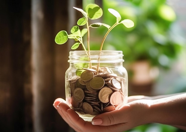 Ai generativa Mão segurando um pote cheio de moedas com plantas em crescimento