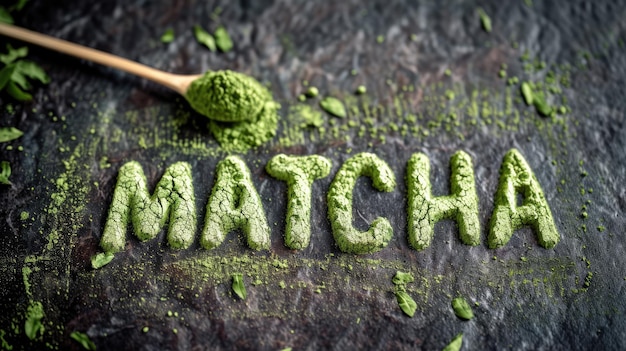AI generativa Matcha té en polvo con la palabra Matcha bebida caliente tradicional japonesa x9xA