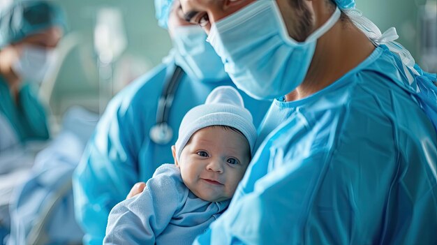 Foto ai generativa médico pediatra sosteniendo a un recién nacido en el hospital concepto de parto y profesionales de la salud