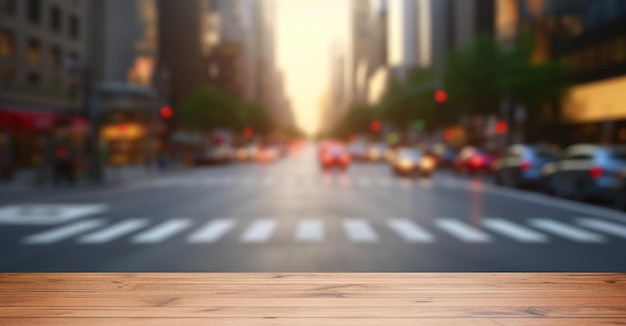 AI generativa Mesa de madeira vazia com fundo desfocado de uma rua movimentada de uma grande cidade