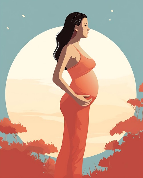 AI generativa Mujer embarazada futura mamá de pie en la naturaleza y abrazando el vientre con los brazos Flat vec