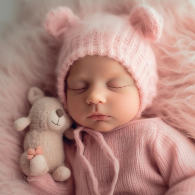 AI generativa Niña recién nacida linda con una gorra rosa con orejas