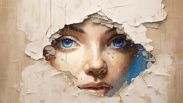 AI generativa Ojos de mujer mirando a través de un agujero rasgado en papel vintage mural de colores azul y beige
