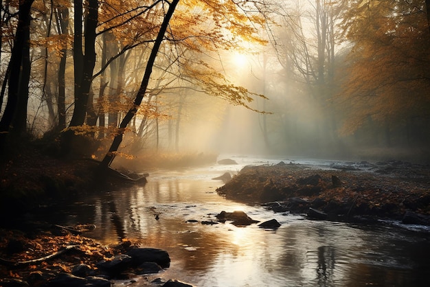 AI generativa un paisaje de otoño con un río y un bosque con hojas caídas