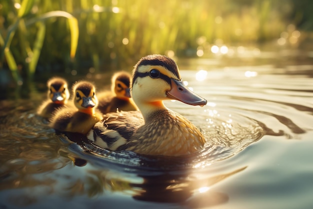 AI generativa un pato con patitos nada en el lago