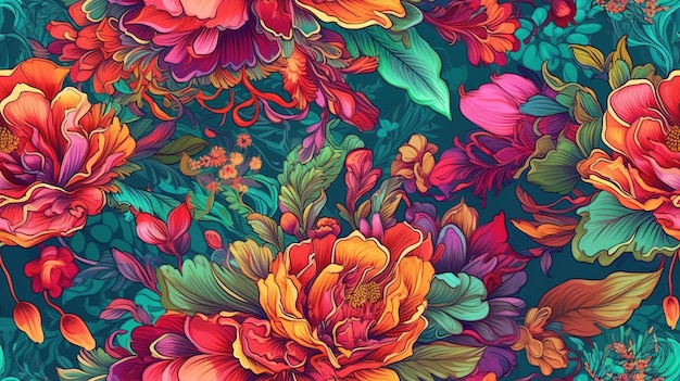 AI generativa Patrón floral colorido sin costuras Lisa Frank y James Jean inspiraron plantas naturales