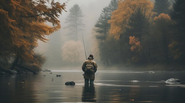 AI generativa Pesca con cañas en el paisaje de otoño cerca del pescador del río con colores apagados giratorios