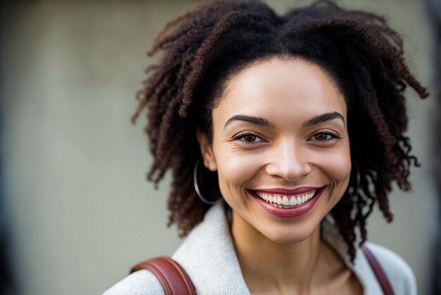 Foto ai generativa sorrindo cabelo cacheado de raça mista jovem se divertindo sereno e confiante ao ar livre