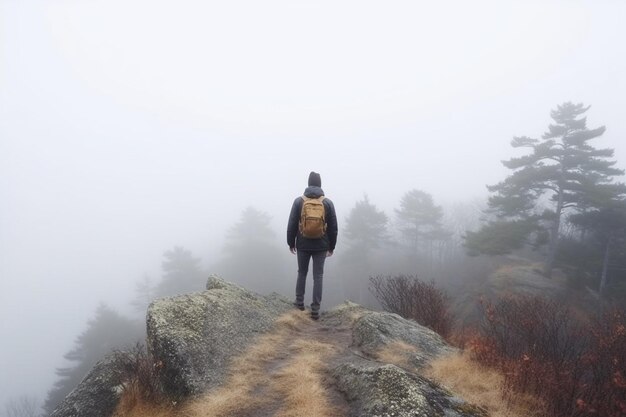 AI generativa Turista masculino en la cima de la montaña gris en la niebla en otoño