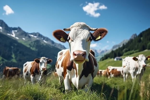 AI generativa um rebanho de vacas e uma vaca em primeiro plano em um prado de montanha