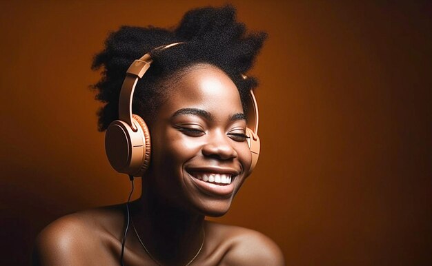 Foto ai generativa uma jovem menina escuta música em fones de ouvido