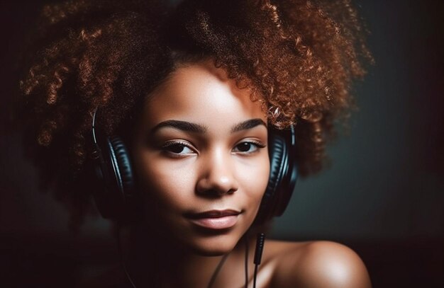 Foto ai generativa uma jovem menina escuta música em fones de ouvido