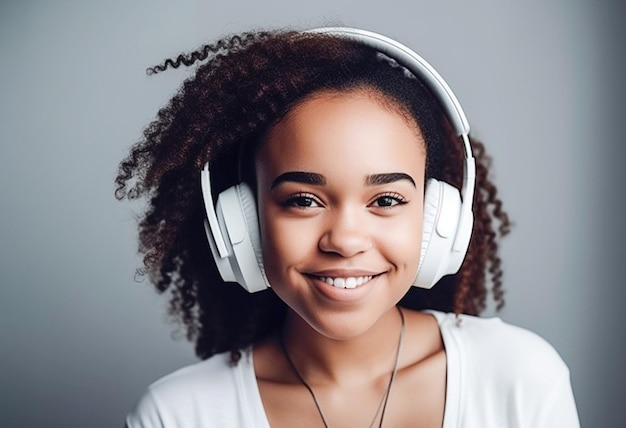 Foto ai generativa uma jovem menina escuta música em fones de ouvido