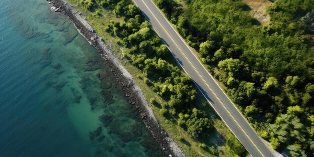 Foto ai generativa vista aérea de uma estrada curva de asfalto perto da costa do oceano ou do mar