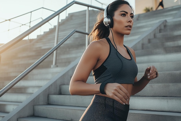 AI generativa Vista lateral do corpo inteiro de uma jovem saudável e ativa em roupas esportivas e fones de ouvido