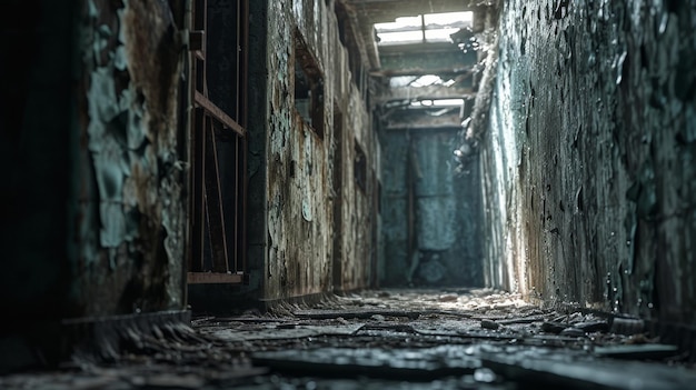 AI generativa Vista en primer plano del sarcófago del reactor de Chernobyl paredes agrietadas estructura desagradable iluminación atmosférica líneas detalladas