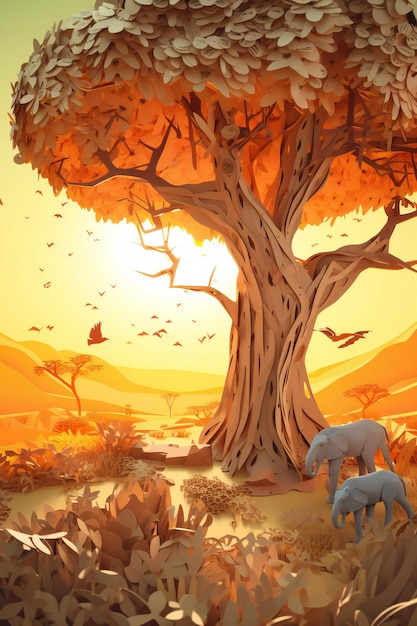 AI Generative 3D Origami Field Cut Wallpaper eines afrikanischen Affenbrotbaums in der Savanne