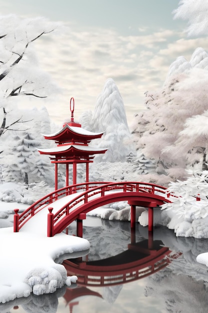 AI Generative 3D Origami Field Cut Wallpaper Una escena serena de un jardín japonés cubierto de nieve