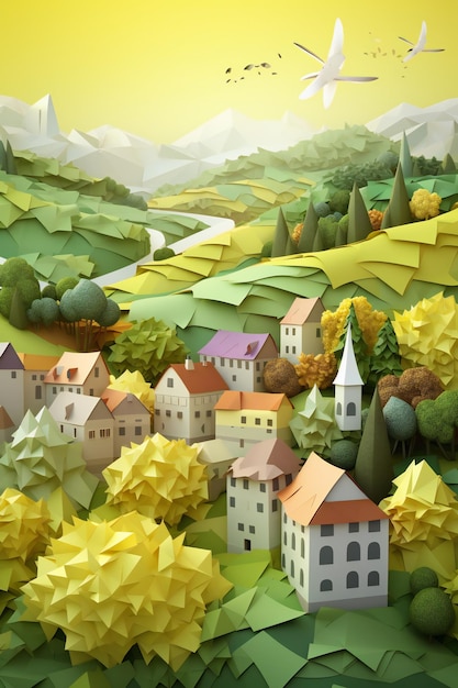 AI Generative 3D Origami Field Cut Wallpaper Una vista panorámica de un pueblo europeo entre las colinas