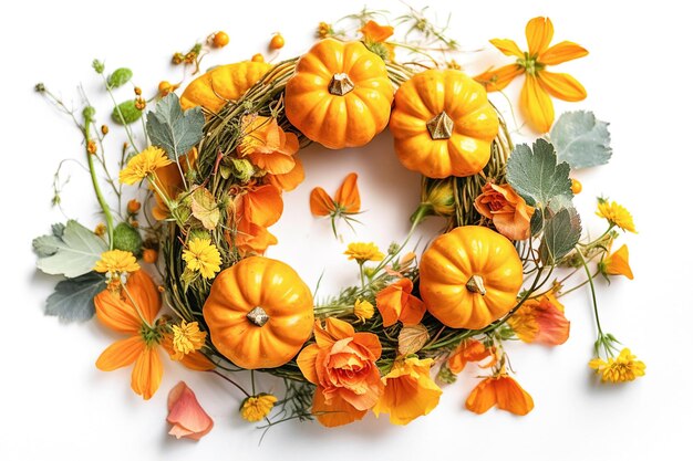 Ai generative A coroa de outono é decorada com flores e abóboras