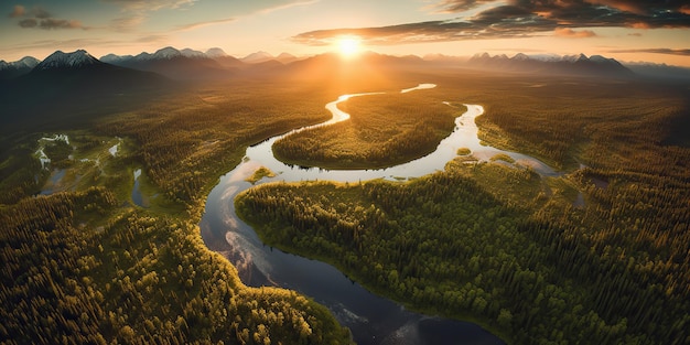 Foto ai generative aerial drone top high shot ilustração fotográfica floresta e rio pôr do sol adv