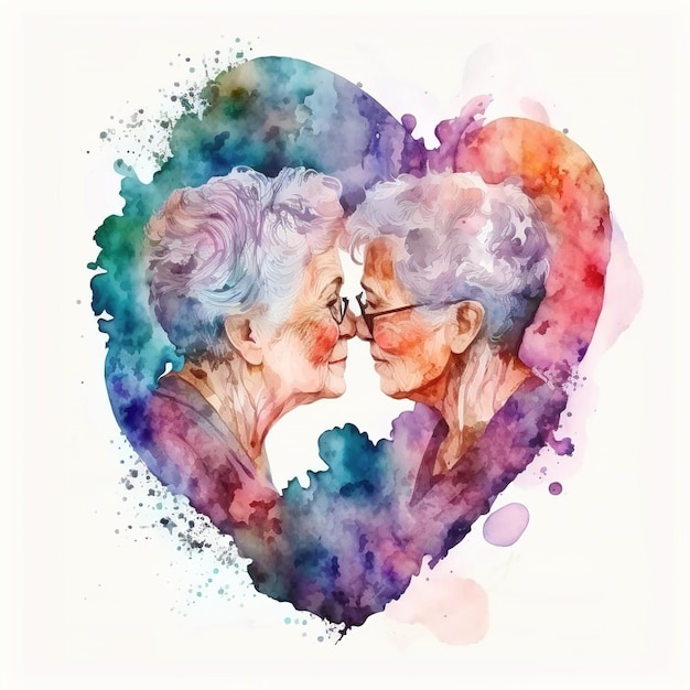 AI Generative Aquarellillustration von zwei schwulen Großmüttern, die ein reifes verliebtes Paar küssen