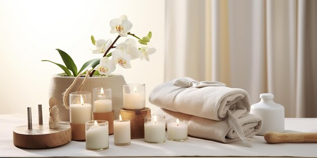AI Generative Aroma spa, conceito de beleza relaxante com toalhas brancas limpas e cosméticos