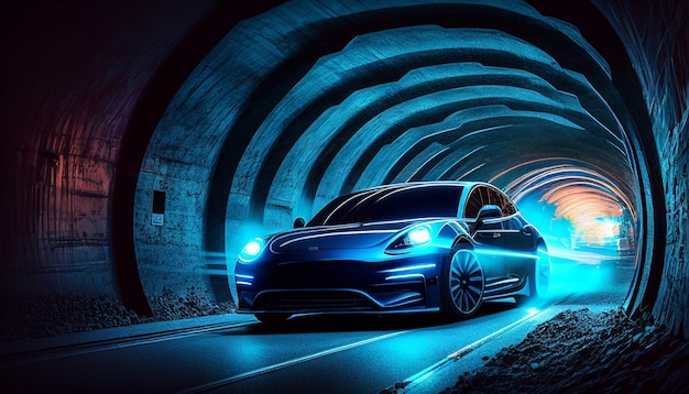 AI Generative conduce un automóvil eléctrico moderno a través de un túnel con luz amarilla