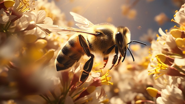 AI Generative deatail shot de abelhas voando em busca de flores