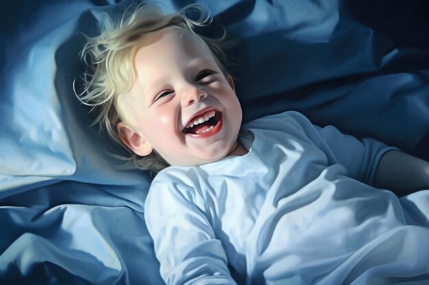 AI Generative, ein kleiner Junge, der lachend im Bett liegt