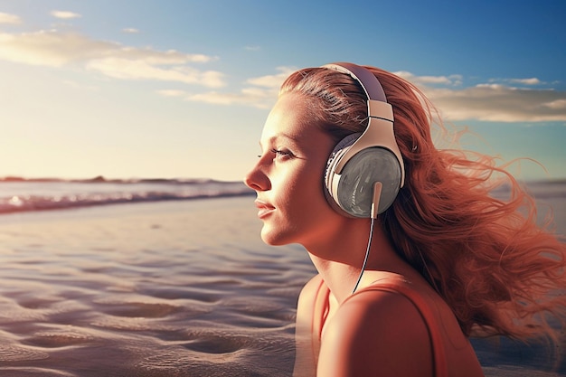 Ai-generative Frau auf dem Meer mit Kopfhörern, die Musik hört