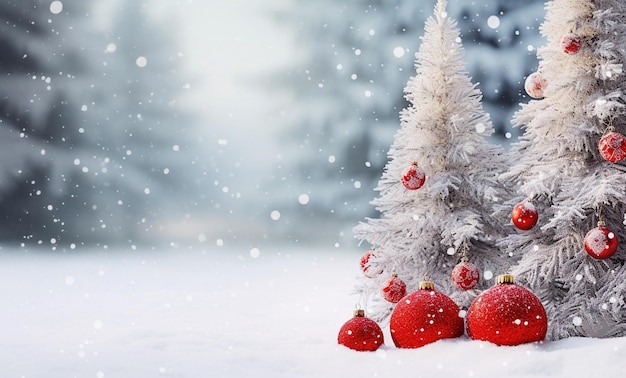 Ai generative Linda árvore de Natal de fundo nevado de Natal decorada com bolas vermelhas