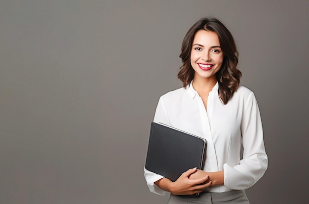 Foto ai generative linda mulher de negócios sorridente na camisa branca