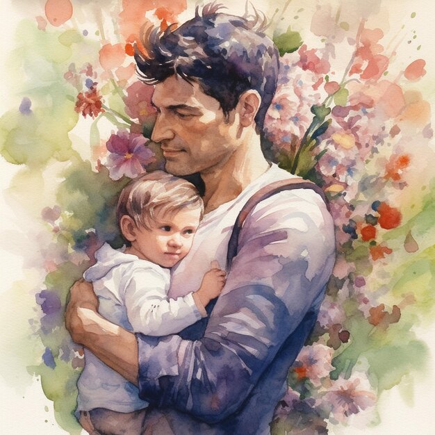 AI Generative O homem carregando seu bebê com flores ao fundo