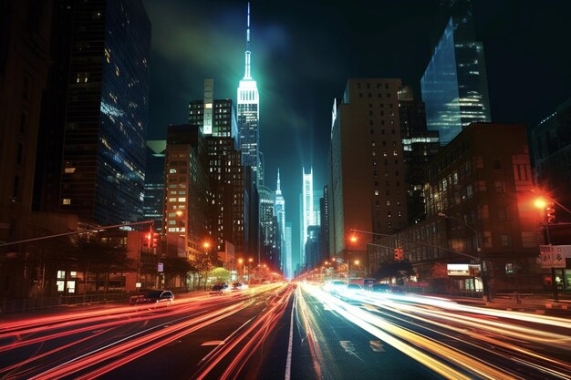 AI Generative Un paisaje urbano dinámico en la noche con rayos de luz de los autos que pasan