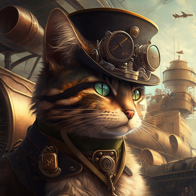 ai generative Um gato com um chapéu e um navio steampunk ao fundo