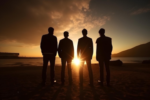 Ai generative Um grupo de amigos curtindo uma vista do pôr do sol na praia