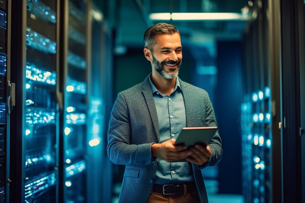 Foto ai generative um homem empresário mantém um sorriso de tablet no rosto que está parado em uma sala de servidores