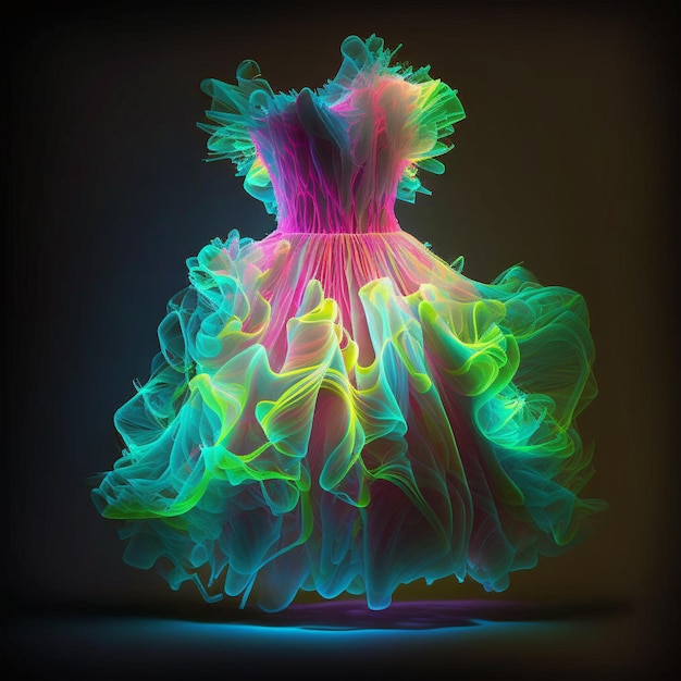 ai generative Um vestido neon com uma saia colorida é exibido em um quarto escuro