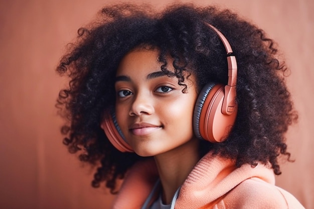 Ai generative Uma jovem ouve música em fones de ouvido