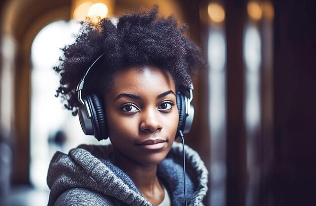 Foto ai generative uma jovem ouve música em fones de ouvido