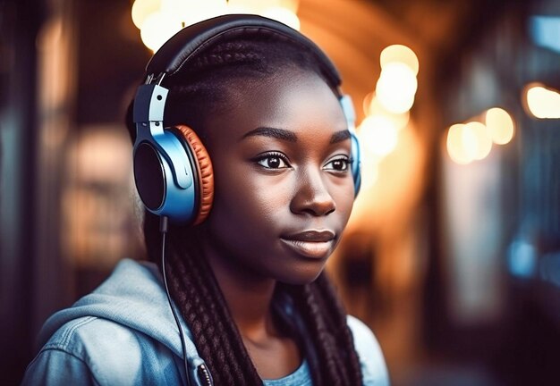 Foto ai generative uma jovem ouve música em fones de ouvido