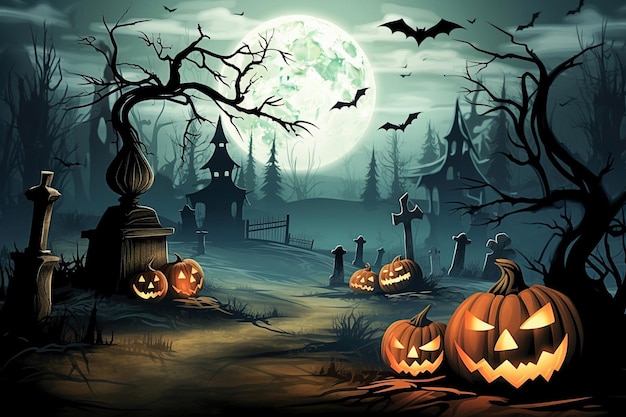 Ai-generativer Halloween-Hintergrund mit gruseliger Landschaft des Nachthimmels