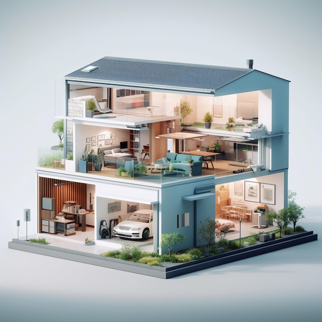 AI Generativer zweistöckiger moderner Cottage-Gebäudeabschnitt, einfache Vorderansicht, hell und luftig