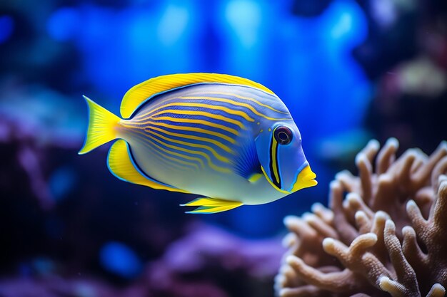 AI generativo Acanthurus leucosternon em aquário de recife de coral doméstico