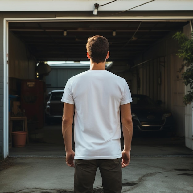 AI generativo Un hombre con una camiseta blanca en el garaje mirando hacia atrás perfecto para crear