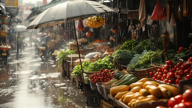 Foto ai generativo mercado oriental asiático tradicional com frutas e legumes sob a chuva com guarda-chuvas